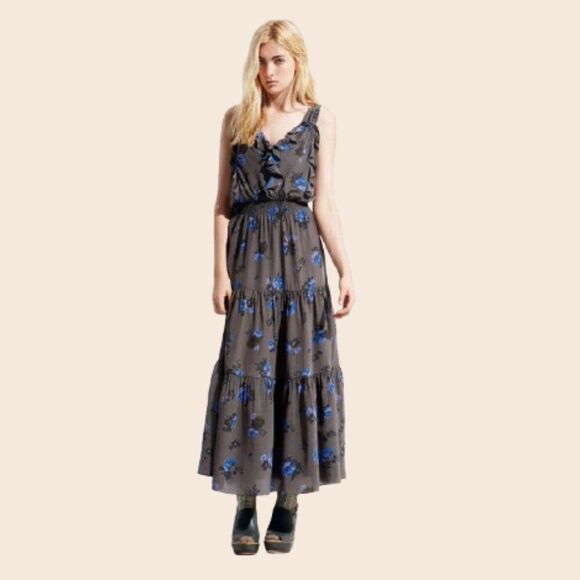 Rebecca Taylor Gray Silk Floral Maxi Dress Size 8 - Picture 1 of 12